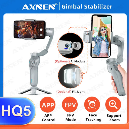 AXNEN HQ5 3-Axis Gimbal Handheld Smartphone Stabilizer Selfie Tripod for iPhone Android, Optional AI Tracking Module Fill Light